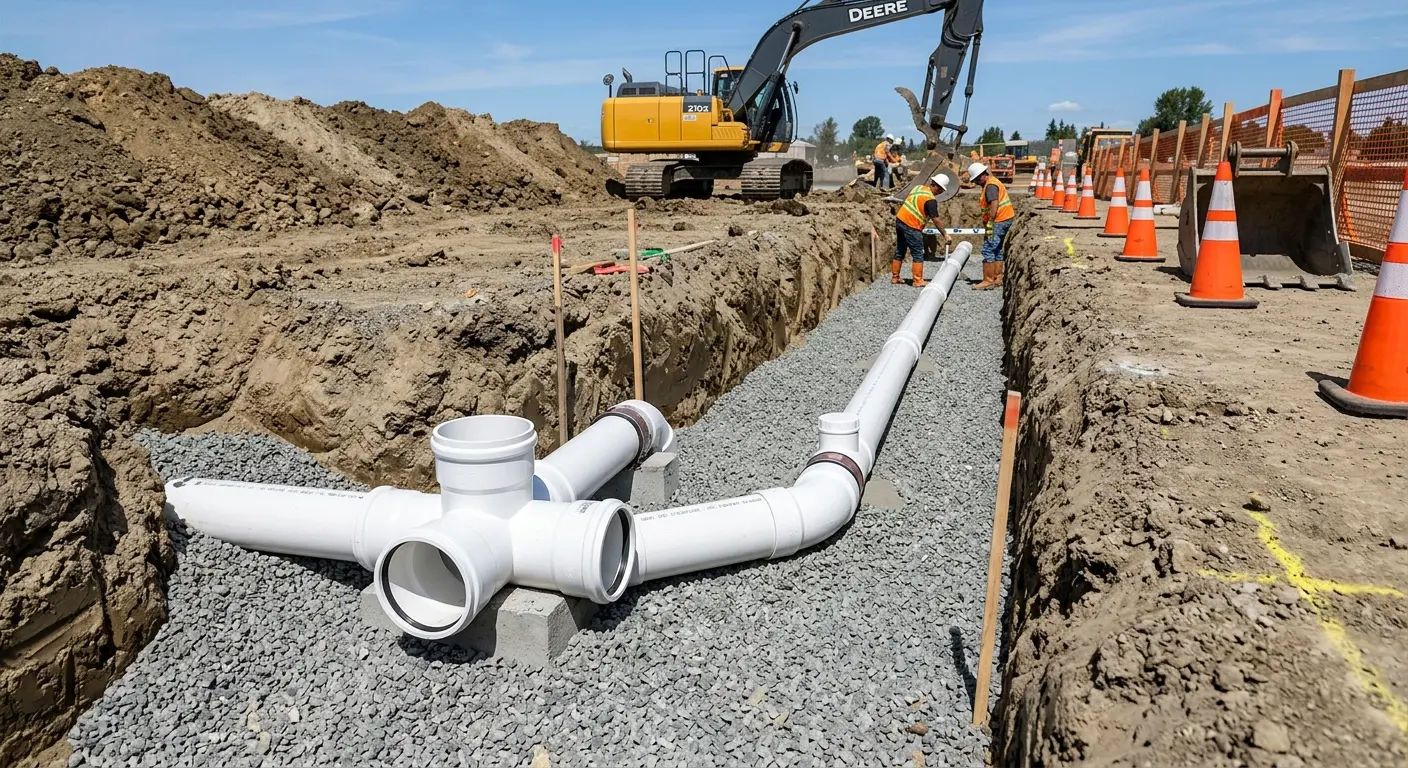 New PVC sewer pipe installation in open trench for Sewer Backup in Pigeon Forge