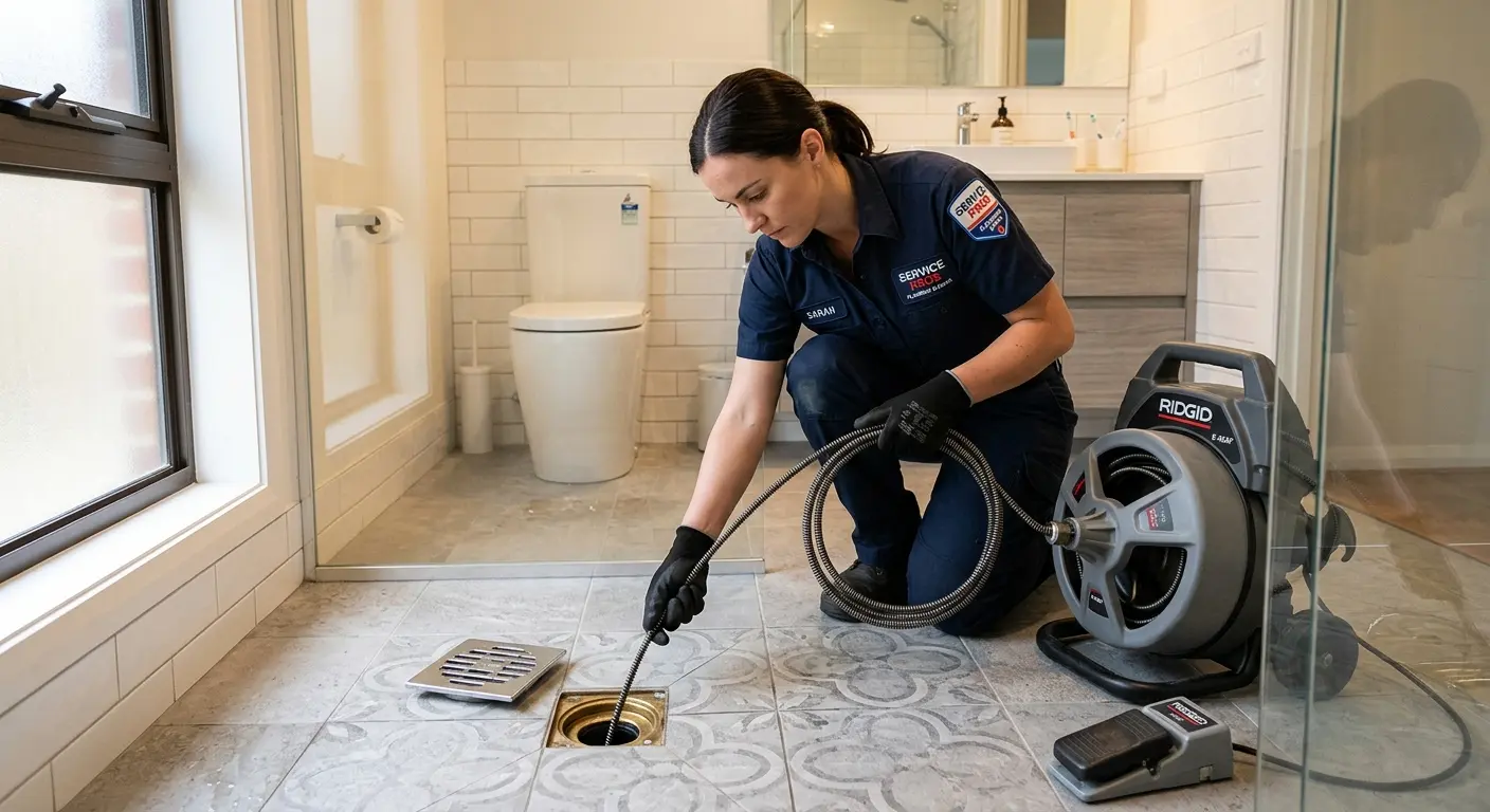 Technician clearing a bathroom floor drain for Sewer Line Replacement in Pigeon Forge